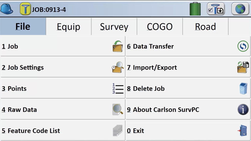 Carlson SurvPC main menu with File, Equip, Survey, COGO, and Road tabs