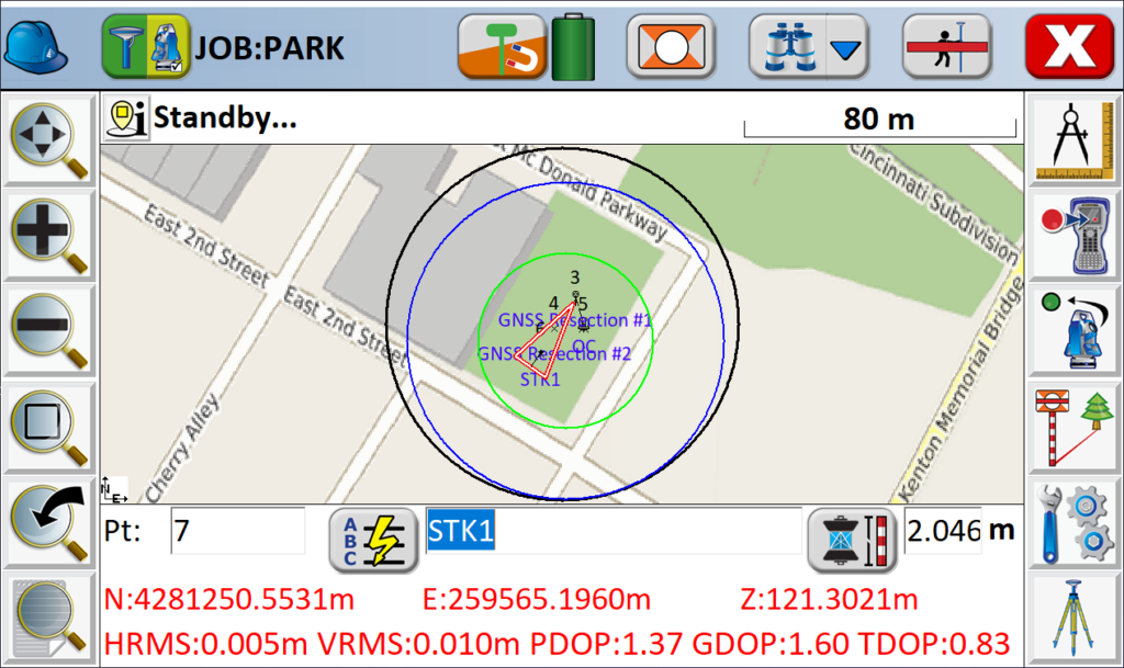 Carlson SurvPC stakeout map screen showing point coordinates and GNSS accuracy data